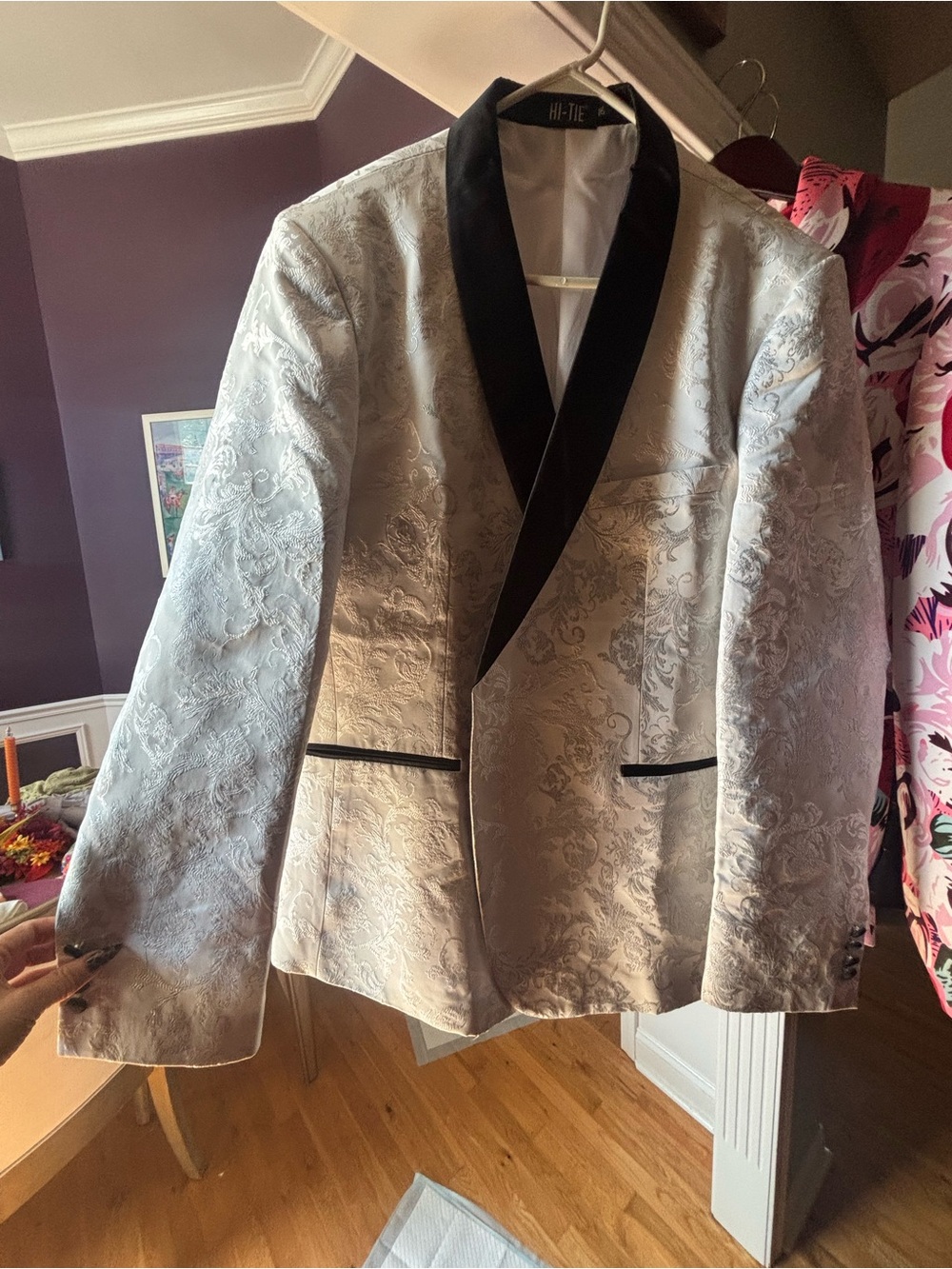 Silver Brocade Dinner Jacket with Black Shawl Lapel